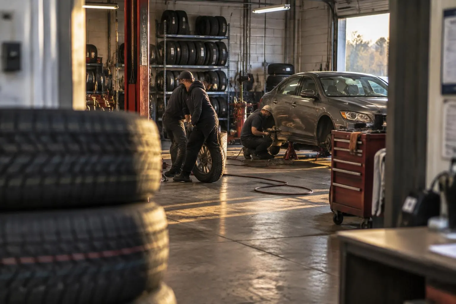 Technicians working on a sedan in a tire shop bay, with tire racks along the wall